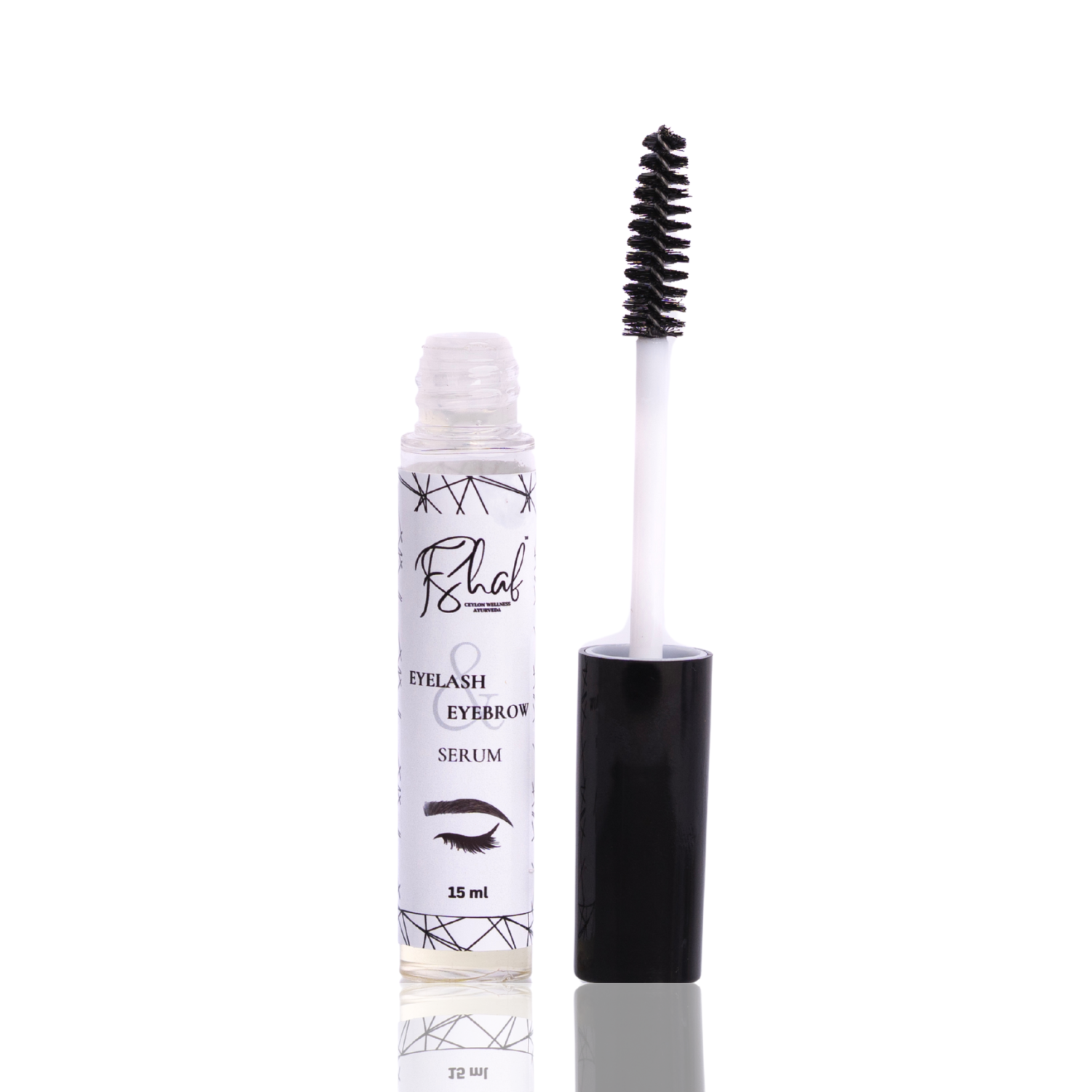 Eyelash and eyebrow serum with applicator on a white background